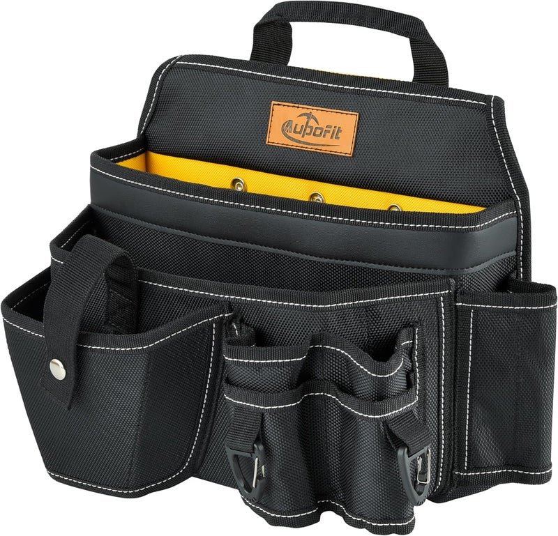 aupofit Comfortable Tough Thick 7-Piece Tool Belt with Suspenders 32 Pockets and Loops,1680D Denier Fabric Heavy Duty Tool Belts with Carry Handles, Fits Waists 36-49In, Black and Yellow - Image 3